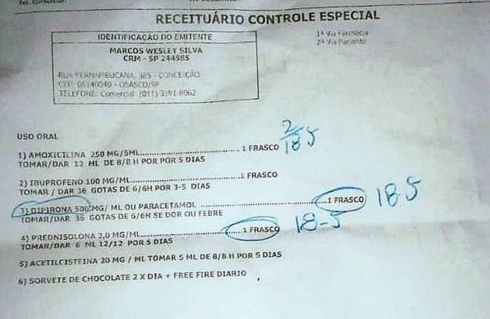 Médico receita sorvete de chocolate e jogo ‘Free Fire’ para criança com sintomas gripais